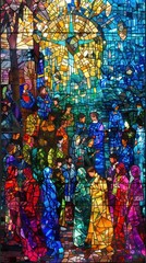 Wall Mural - A diverse group of individuals in colorful robes gather under a radiant stained glass window, bathed in sunlight