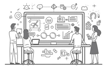Poster - People gathered around a whiteboard discussing ideas, suitable for corporate or educational settings