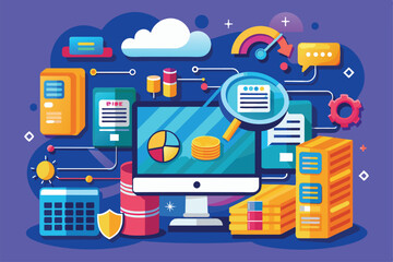 Poster - a vibrant depiction of data storage analysis on a computer, showcasing storage units, charts, and vi