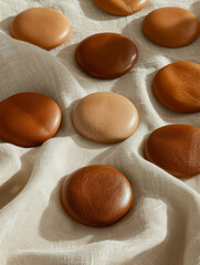 Brown and beige circular leather pieces on fabric surface