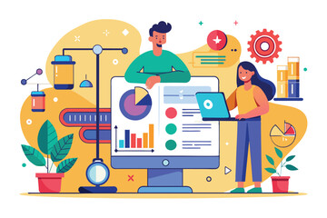 Poster - A team collaborates on data analysis, using charts and visuals on a computer in a colorful and modern workspace filled with plants and equipment