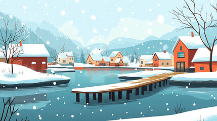 Cartoon simple fishing village background in winter