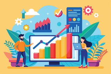 Wall Mural - Colleagues analyze growth charts and data trends in a colorful office, discussing insights while reviewing reports on a large screen