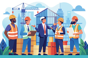 Poster - An architect consults with a diverse team of construction workers about the building's structure while planning the project at a bustling urban site
