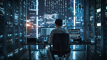 A male IT worker sits at his desk in front of computer monitors and looking computer screen, seen from behind and looking over the of an AI system that processes data on monitor displaying code
