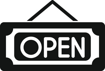 Sticker - Black and white icon of an open sign hanging on a door, indicating the business is open for customers