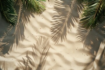 Poster - A shadow of a palm tree on a sandy beach, great for travel or vacation ads