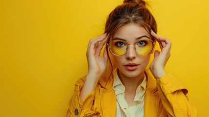 Poster - A woman wearing glasses and a yellow jacket, great for use on people, fashion, or lifestyle images