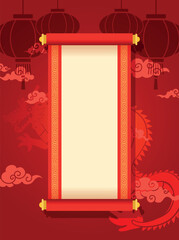 Wall Mural - Chinese red paper scroll template with lanterns background. Asian paper scroll template with chinese lanterns, dragons and clouds decorations. Chinese new year poster vector illustration.