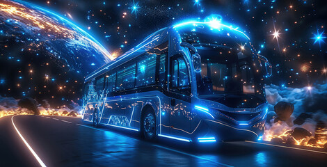 Poster - A futuristic bus traveling through interstellar space, sleek design with large panoramic windows, advanced propulsion systems glowing blue. The bus is near distant galaxies and nebulae. Generative AI.