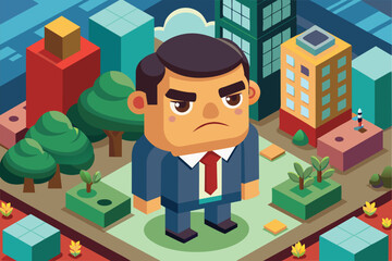 Canvas Print - A frustrated businessman stands in a colorful isometric cityscape filled with trees and buildings, representing a customizable urban setting