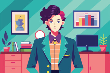 Poster - An office administrator stands confidently in a vibrant office, ready to tackle the day's tasks surrounded by books and plants