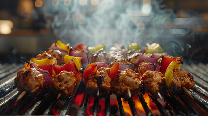 Wall Mural - Grilled meat and vegetable kebabs sizzling on a barbecue grill.