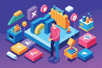 Poster - A person stands amid vibrant, isometric shapes representing various strategies for managing anxiety in a contemporary office environment