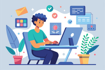 Poster - A person focuses on a graphic design project at a desk, with colorful elements and plants creating an inspiring workspace