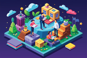 Poster - a diverse group collaborates and engages in learning activities in a vibrant isometric setting fille
