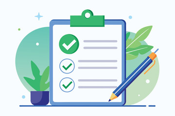 Poster - A checklist with approval marks and a pen on a desk amidst vibrant plants in a modern office setting, symbolizing task completion and organization