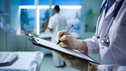 A skilled doctor meticulously writing the patient's details on a clipboard.