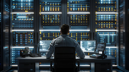A male IT worker sits at his desk in front of computer monitors and looking computer screen, seen from behind and looking over the of an AI system that processes data on monitor displaying code
