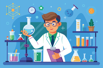 Poster - A professor is engaged in research, holding a flask while surrounded by equipment and colorful liquids in a well-organized laboratory