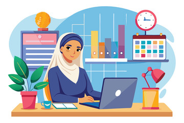 Poster - An Arab businesswoman organizes her tasks and schedules her day while working on a laptop in a vibrant office atmosphere