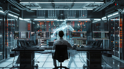 A male IT worker sits at his desk in front of computer monitors and looking computer screen, seen from behind and looking over the of an AI system that processes data on monitor displaying code
