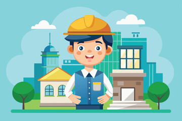 Poster - A cheerful architect in a hard hat stands proudly in front of various buildings in a vibrant cityscape, showcasing creativity and design