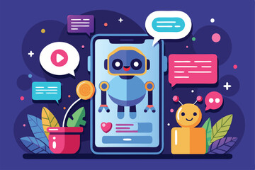 Poster - a lively chatbot displayed on a smartphone screen, surrounded by engaging colored speech bubbles and