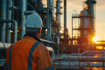 Wall Mural - Industrial technician analyzing machinery in oil refinery