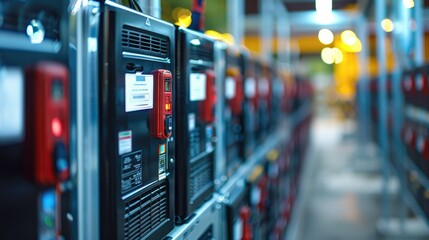 Poster - A row of backup batteries, ready to provide emergency power supply during outages. Generative AI.