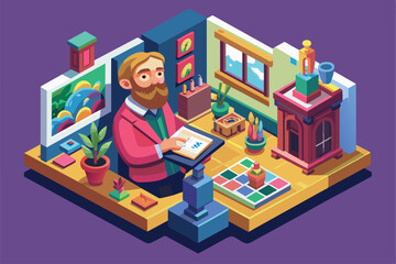 Poster - An art enthusiast explores a unique isometric illustration filled with plants, paintings, and creative decor in a cozy indoor gallery