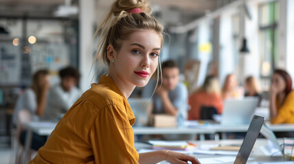 A female focused on her laptop while brainstorming ideas for her startup venture