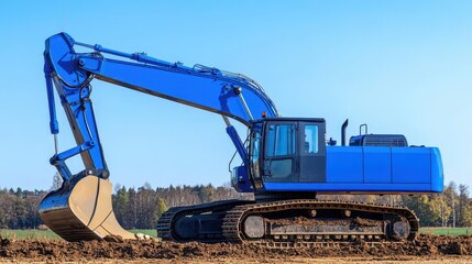 Wall Mural - mighty blue excavator against clear sky poised for action on construction site