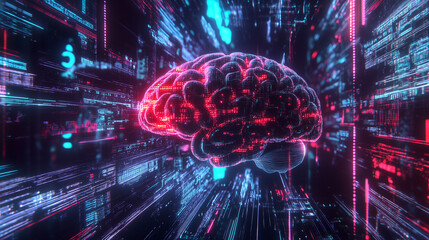 Poster - Holographic Brain With Floating Data Streams and Neon Circuits in a Digital Environment