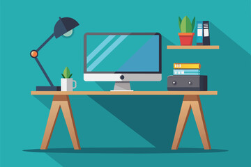 Poster - A modern desk displays a computer monitor, task lamp, potted plants, and neatly arranged books, creating a vibrant workspace