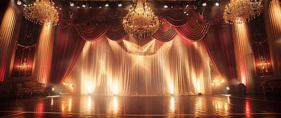 Poster - A gala show in white, dark red and gold colors, stage. Generative AI.