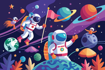 Poster - Astronauts traverse a vibrant galaxy, proudly placing flags on various celestial bodies amidst a stunning cosmic landscape