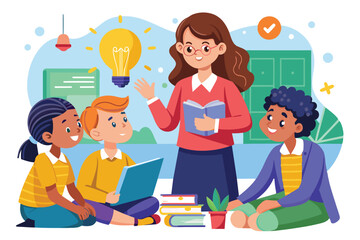 Poster - A teacher shares innovative ideas with students, fostering a collaborative environment filled with enthusiasm and learning