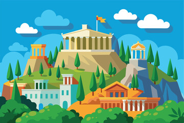 Canvas Print - A vibrant illustration of Athens showcasing famous landmarks amid lush greenery and bright skies, reflecting the city's rich historical heritage