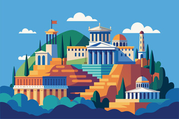 Canvas Print - Discover a vibrant representation of Athens, showcasing famous landmarks set against a colorful landscape and clear blue sky