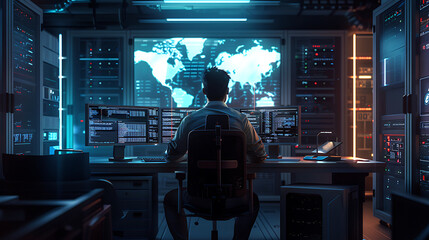 A male IT worker sits at his desk in front of computer monitors and looking computer screen, seen from behind and looking over the of an AI system that processes data on monitor displaying code
