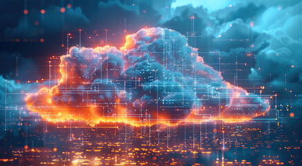 Poster - A glassy bright cloud floats on the grid line. The background is pure blue. Inside the cloud are tall buildings. and the light blue tone enhances the empty inspiration of the picture. Generative AI.