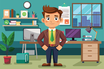Poster - A cartoon character presents a confident stance in a vibrant office filled with plants, desks, and modern technology during a typical workday
