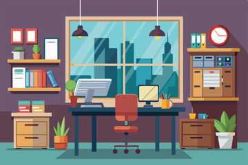 Poster - A well-organized office space showcases a sleek desk, computer, and vibrant plants against a cityscape backdrop with large windows allowing natural light