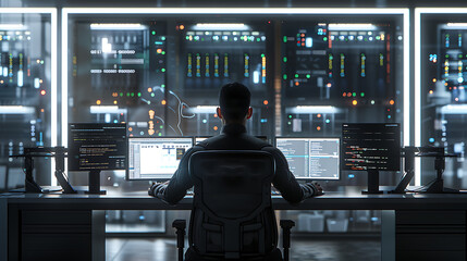 A male IT worker sits at his desk in front of computer monitors and looking computer screen, seen from behind and looking over the of an AI system that processes data on monitor displaying code
