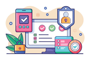 Poster - A digital workspace featuring customizable authentication elements, including a computer screen, mobile device, secure badge, and lock, illustrating secure access protocols