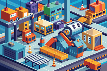 Poster - A bustling automated production warehouse showcasing advanced machinery and colorful vehicles engaged in various operations throughout the facility