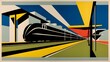 © Thiago - Vintage locomotive poster art, retro futuristic train at station, geometric mid-century travel illustration with bold colors and sharp lines