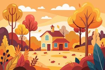 Canvas Print - A cozy house nestled among vibrant autumn trees, showcasing rich hues of orange and yellow, capturing the essence of fall in a serene landscape