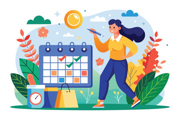 Poster - A woman enthusiastically circles dates on a calendar as she organizes her meeting plans in a vibrant outdoor setting filled with greenery